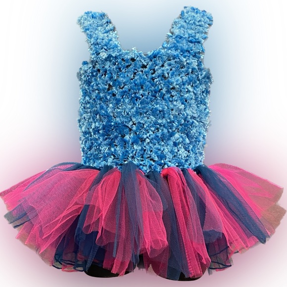 Handmade Fuzzy Tutu Dress Teal and Pink - Picture 2 of 3